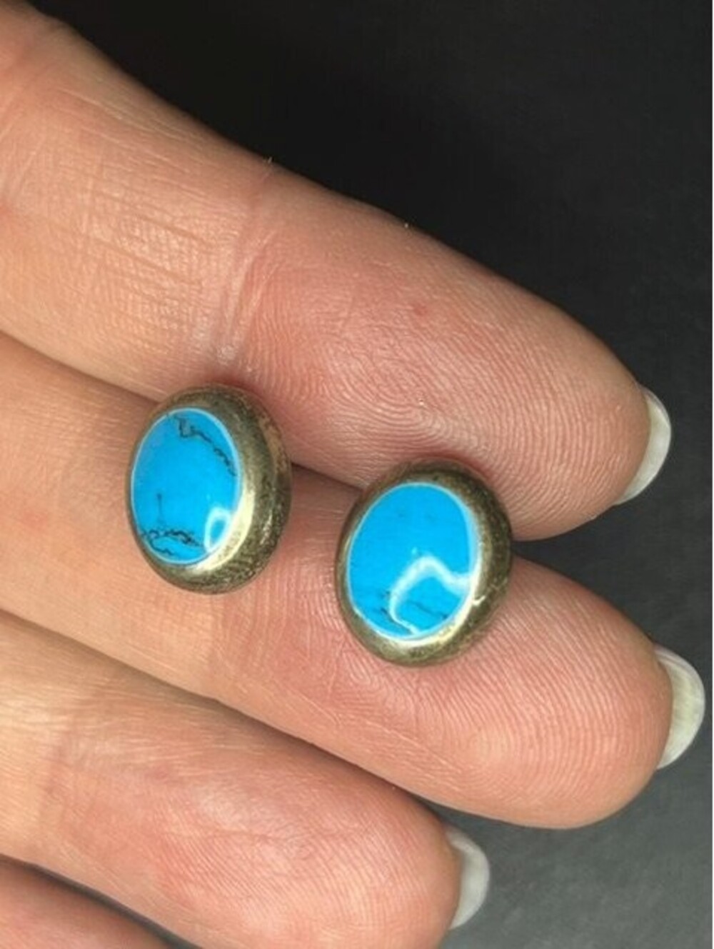 B7307 Vintage patina Sterling Silver Turquoise Oval Stud Earrings 14mm